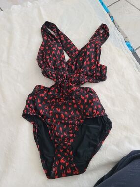 Modcloth Black One-Piece Swimsuit with Red Heart Print